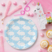 White Bunnies on Pastel Blue Gingham Pattern Pappteller (Party)