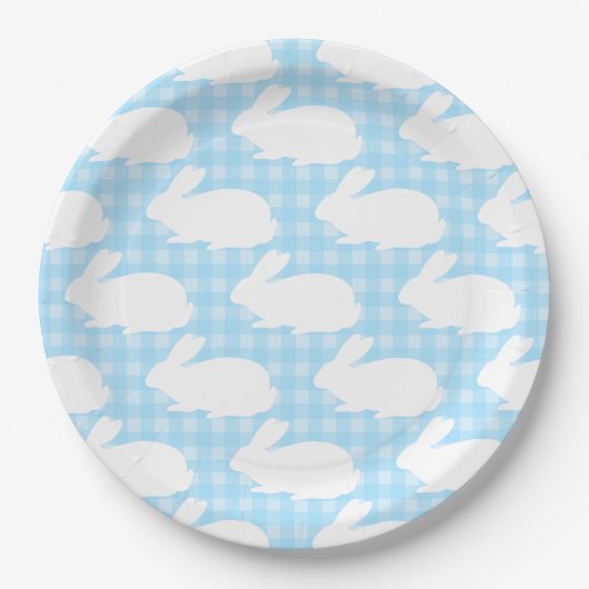 White Bunnies on Pastel Blue Gingham Pattern Pappteller (Vorderseite)