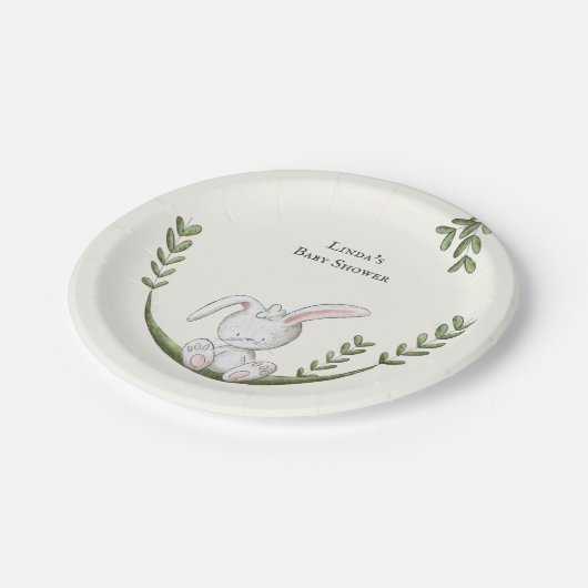 White Bunny Botanical Neutral Baby Shower Pappteller (Schrägansicht)