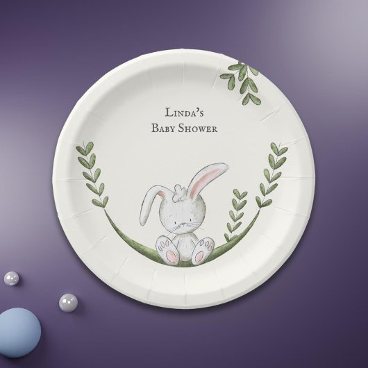 White Bunny Botanical Neutral Baby Shower Pappteller
