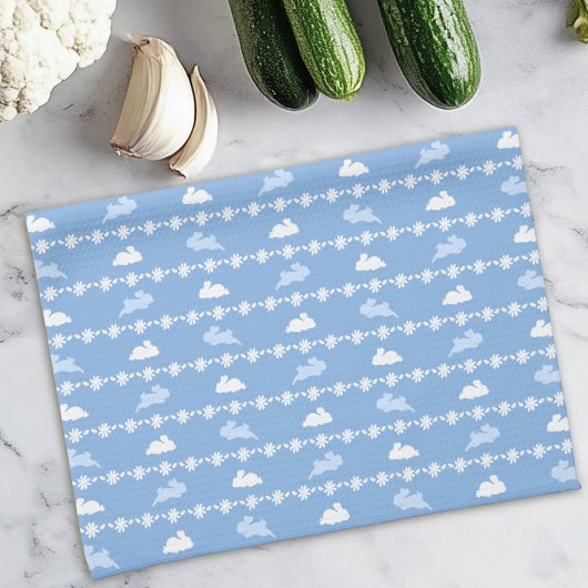 White Bunny Daisies Niedlich Spring Pattern Blau Geschirrtuch