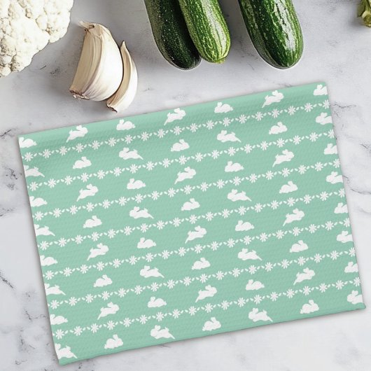 White Bunny Daisy Niedlich Spring Pattern Green Geschirrtuch