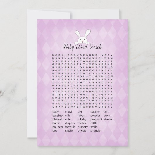 White Bunny Lila Rauten Baby Word Search Game Einladung (Vorderseite)