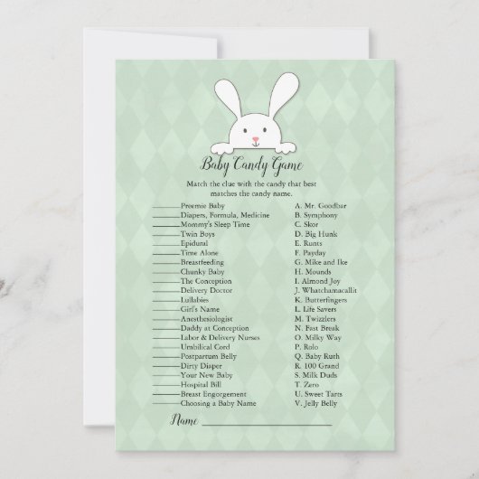 White Bunny Rabbit Green Baby Candy Dusche Spiel Einladung (Vorderseite)