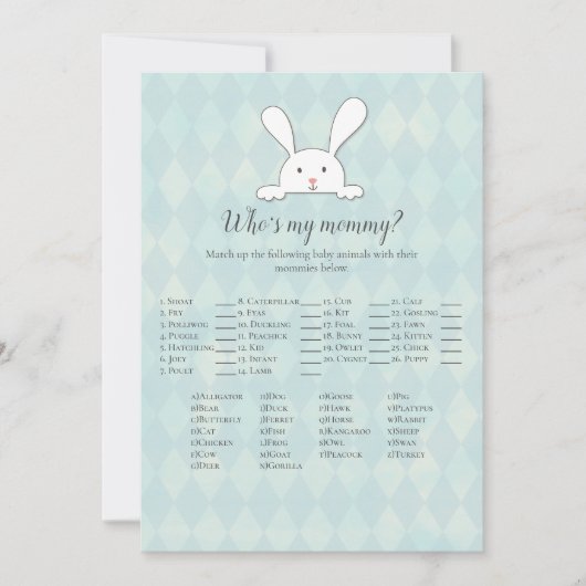 White Bunny Rabbit Who is My Mommy Baby Shower Gam Einladung (Vorderseite)