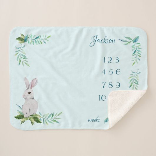 White Bunny Türkis Name Mont Baby Milestone Sherpadecke (Vorderseite (Horizontal))