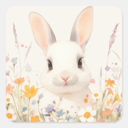 White Bunny with Pink Nose in Spring Wildflower Quadratischer Aufkleber (Vorderseite)