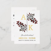 White Burgundy Bloral Greenery Monogram Wedding Folie Einladungspostkarte (Vorderseite/Rückseite)