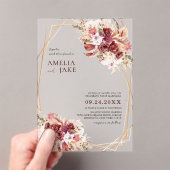 White & Burgundy Floral Gold Geometric Wedding Acryleinladungen (Insitu (Handheld))