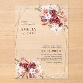 White & Burgundy Floral Gold Geometric Wedding Acryleinladungen (Vorderseite)