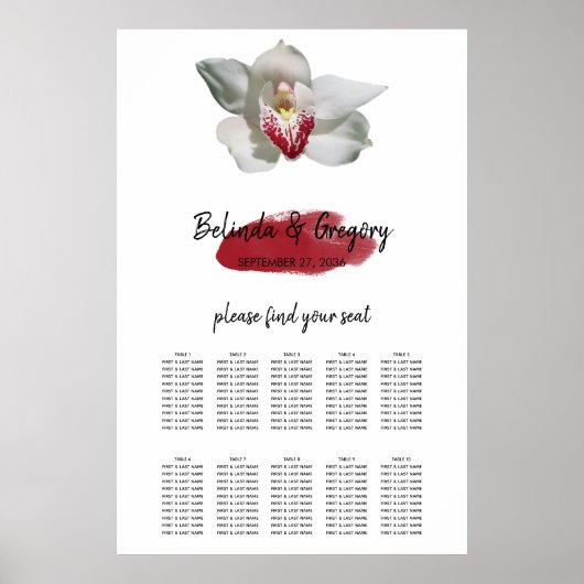 White Burgundy Orchid Wedding Chart Poster (Vorne)