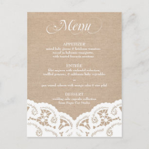 White Burlap Lace Doily Wedding Menü Postkarte