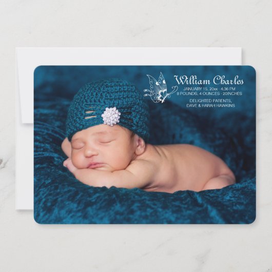 White Butterfly Foto Geburtserklärung Ankündigung (Vorderseite)