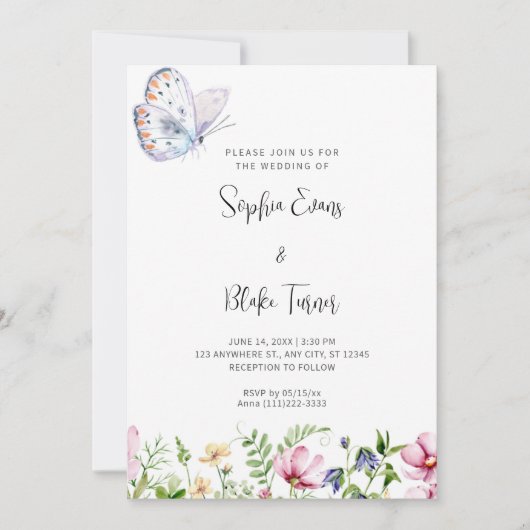 White Butterfly und Wildblumen White Wedding Einladung (Vorderseite)