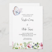 White Butterfly und Wildblumen White Wedding Einladung (Vorne/Hinten)