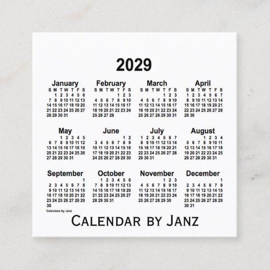 White Calendar by Janz Square Business Card 2029 Quadratische Visitenkarte (Vorderseite)
