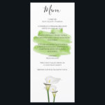 White Calla Lilies Watercolor Wedding Menükarte<br><div class="desc">Dieses Design zeichnet sich durch weiße Blume der Calla-Lilie und einen grünen Aquarellstrich im Hintergrund aus. Ein elegantes Design, das die Vegetation durch die Verwendung von Aquarellfarben repräsentiert, die den grünen Stielen der Calla Lilien entsprechen. Dieses schlichte und elegante Blumendesign lässt sich in jedes Hochzeitsthema einbinden. Einzigartiges Hochzeitsmenü-Kartendesign mit modernen...</div>