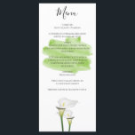 White Calla Lilies Watercolor Wedding Menükarte<br><div class="desc">Dieses Design zeichnet sich durch weiße Blume der Calla-Lilie und einen grünen Aquarellstrich im Hintergrund aus. Ein elegantes Design, das die Vegetation durch die Verwendung von Aquarellfarben repräsentiert, die den grünen Stielen der Calla Lilien entsprechen. Dieses schlichte und elegante Blumendesign lässt sich in jedes Hochzeitsthema einbinden. Einzigartiges Hochzeitsmenü-Kartendesign mit modernen...</div>