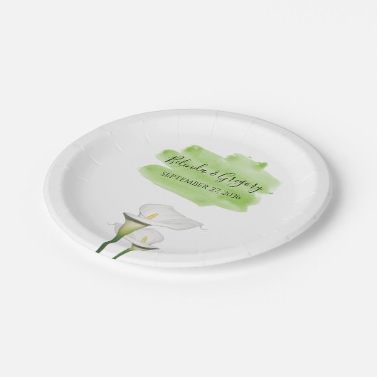 White Calla Lilies Watercolor Wedding Pappteller (Schrägansicht)