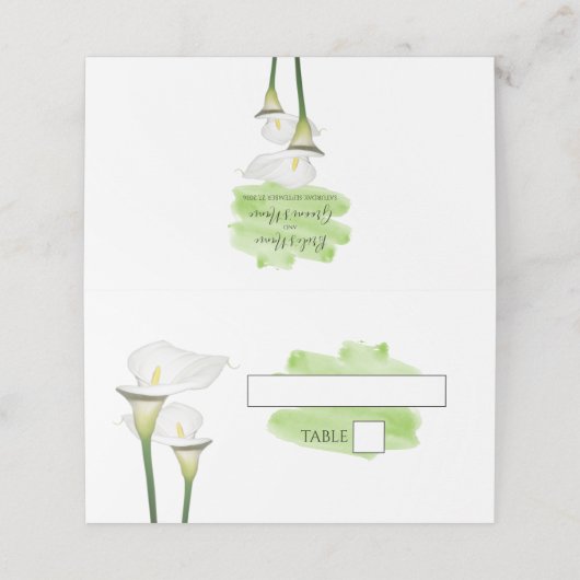 White Calla Lilies Watercolor Wedding Platzkarte (Außenseite Aufgefaltet)