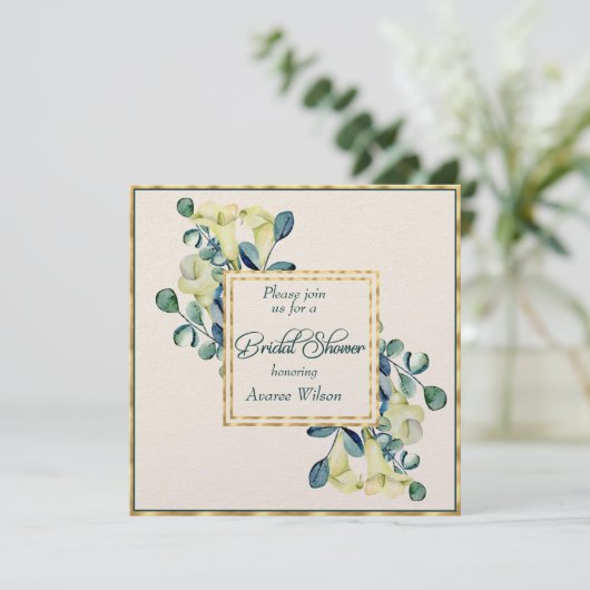White Calla Lily Eucalyptus Ivory Gold Dusche Einladung (Stehend Vorderseite)
