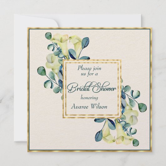 White Calla Lily Eucalyptus Ivory Gold Dusche Einladung (Vorderseite)