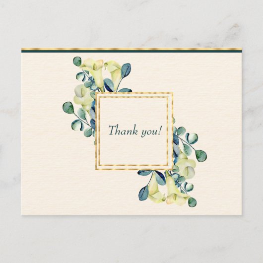 White Calla Lily und Eucalyptus Vielen Dank Postkarte (Vorderseite)