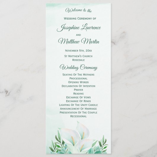 White Calla Lily Wedding Programme (Vorderseite)