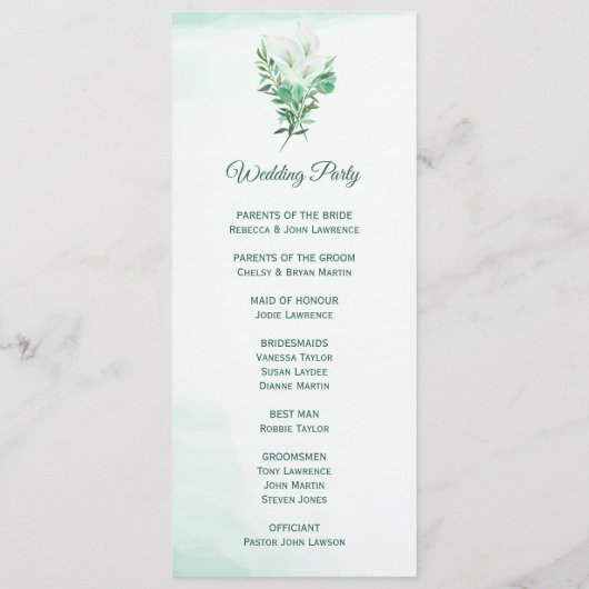 White Calla Lily Wedding Programme (Rückseite)