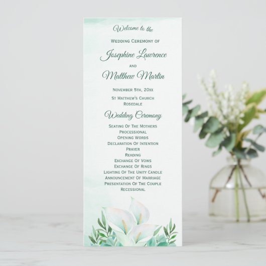 White Calla Lily Wedding Programme (Stehend Vorderseite)
