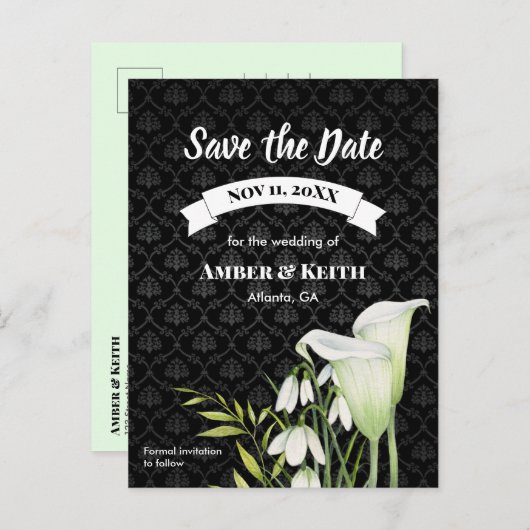 White Calla Snowdropding Wedding Save the Date Ankündigungspostkarte (Vorne/Hinten)