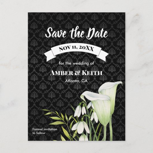 White Calla Snowdropding Wedding Save the Date Ankündigungspostkarte (Vorderseite)