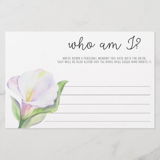 White calla - Wer bin ich Brautparty Briefpapier (Vorderseite)