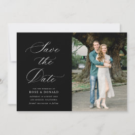 White calligraphy black wedding save the date card einladung