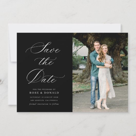 White calligraphy black wedding save the date card einladung (Vorderseite)