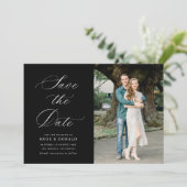White calligraphy black wedding save the date card einladung (Stehend Vorderseite)