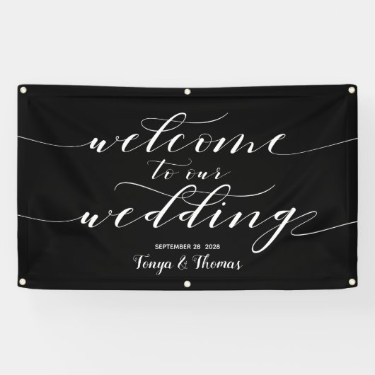 White Calligraphy Black Willkommen bei unserer Hoc Banner (Horizontal)