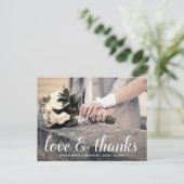 White Calligraphy Overlay Wedding Danke Postkarte (Stehend Vorderseite)