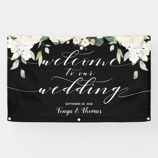 White Calligraphy Peony Black Willkommen bei unser Banner (Horizontal)