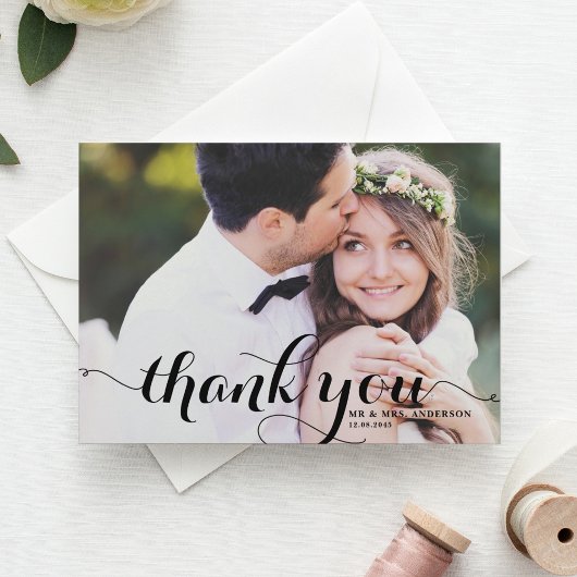 White Calligraphy Script Foto Wedding Vielen Dank Dankeskarte