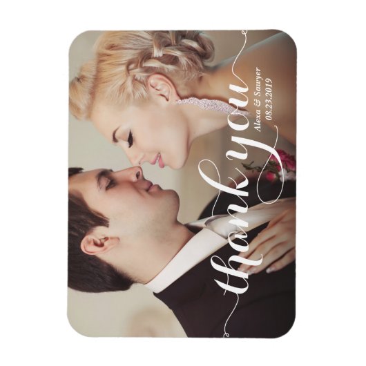 White Calligraphy Script Wedding Danke Foto Magnet (Vertikal)