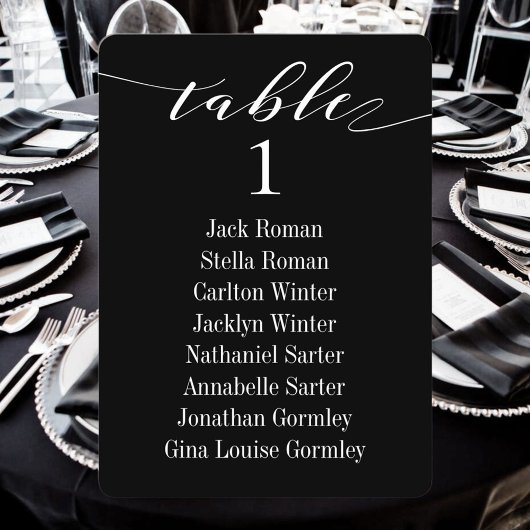 White Calligraphy Wedding Black Seating Chart Card Einladung