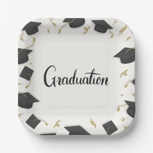 White Cap & Confetti Graduation Pappteller (Vorderseite)