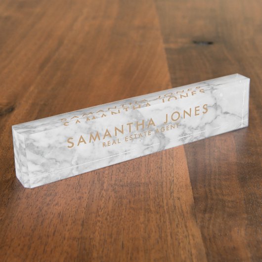White Carrara Marble Gold Classic Personalisiert Namensplakette (Seite)