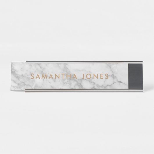 White Carrara Marble Gold Classic Personalisiert Schreibtischnamensplakette (Vorderseite )