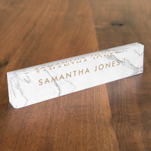 White Carrara Marble Gold Personalisierte Führungs Namensplakette (Seite)
