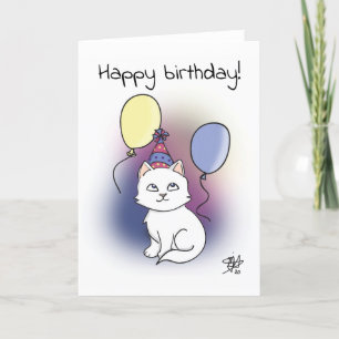 White Cartoon Cat mit Balloons Happy Birthday Karte