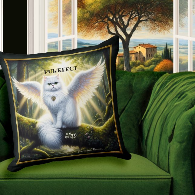 White Cat Angel Himmlisch Bliss Kissen (Pillow featuring a painting of a white angel cat in a lush forest. Heavenly bliss! - cat lover gift)
