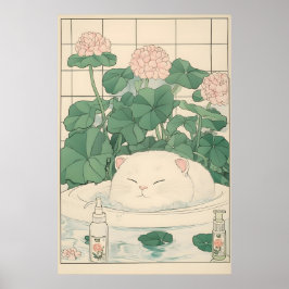 White Cat Bathtub Print, Ukiyo-e Japanese Art Poster