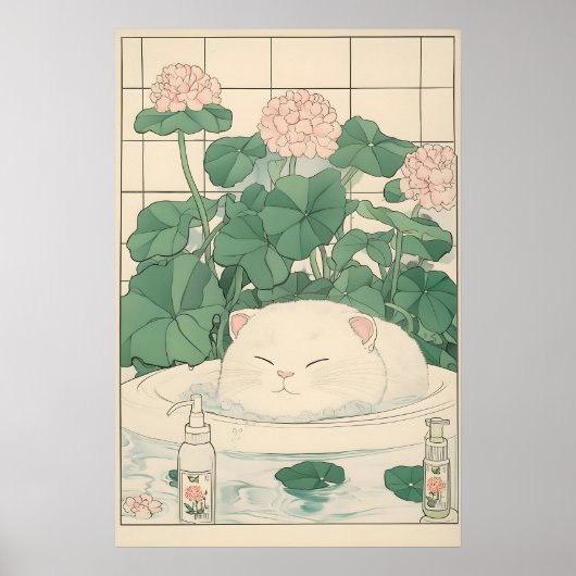 White Cat Bathtub Print, Ukiyo-e Japanese Art Poster (Vorne)